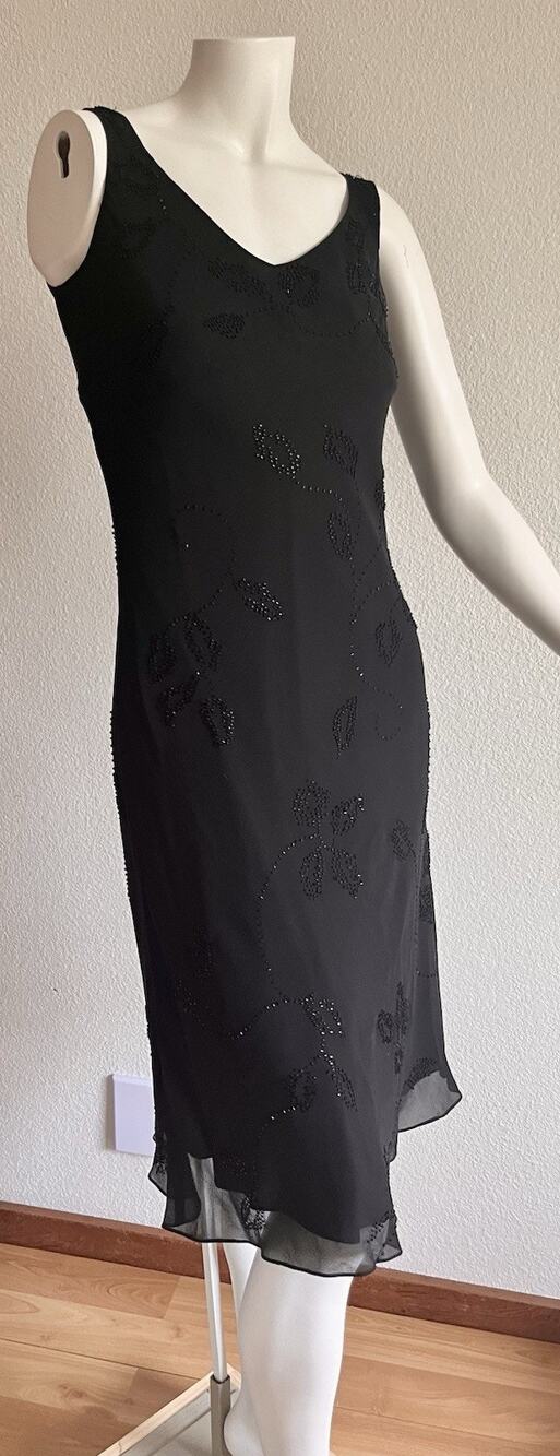 Jones New York 6P 100% Silk Black Beaded Dress Y2K Floral Cocktail Petite